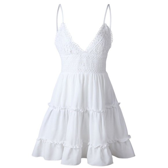 White Women Boho Sundress V-Neck Lace Mini Dress Ladies Casual Summer - Picture 5 of 11